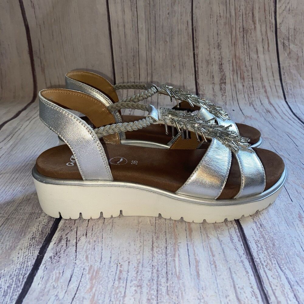 Ara Womens Bristol Platform Sandals Size 5.5/6 Silver Metallic Leather Beads